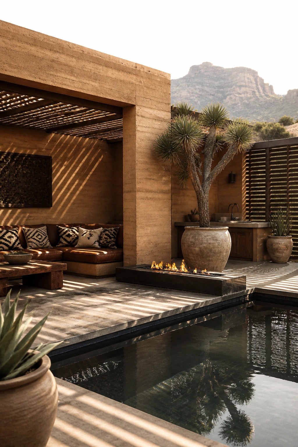 24 Stunning Pool Cabana Ideas to Create a Resort-Style Backyard Escape An outdoor concrete cabana with a lattice roof, brown sectional seating, a rectangular fire pit, and large potted plants beside a pool with mountains in the background.