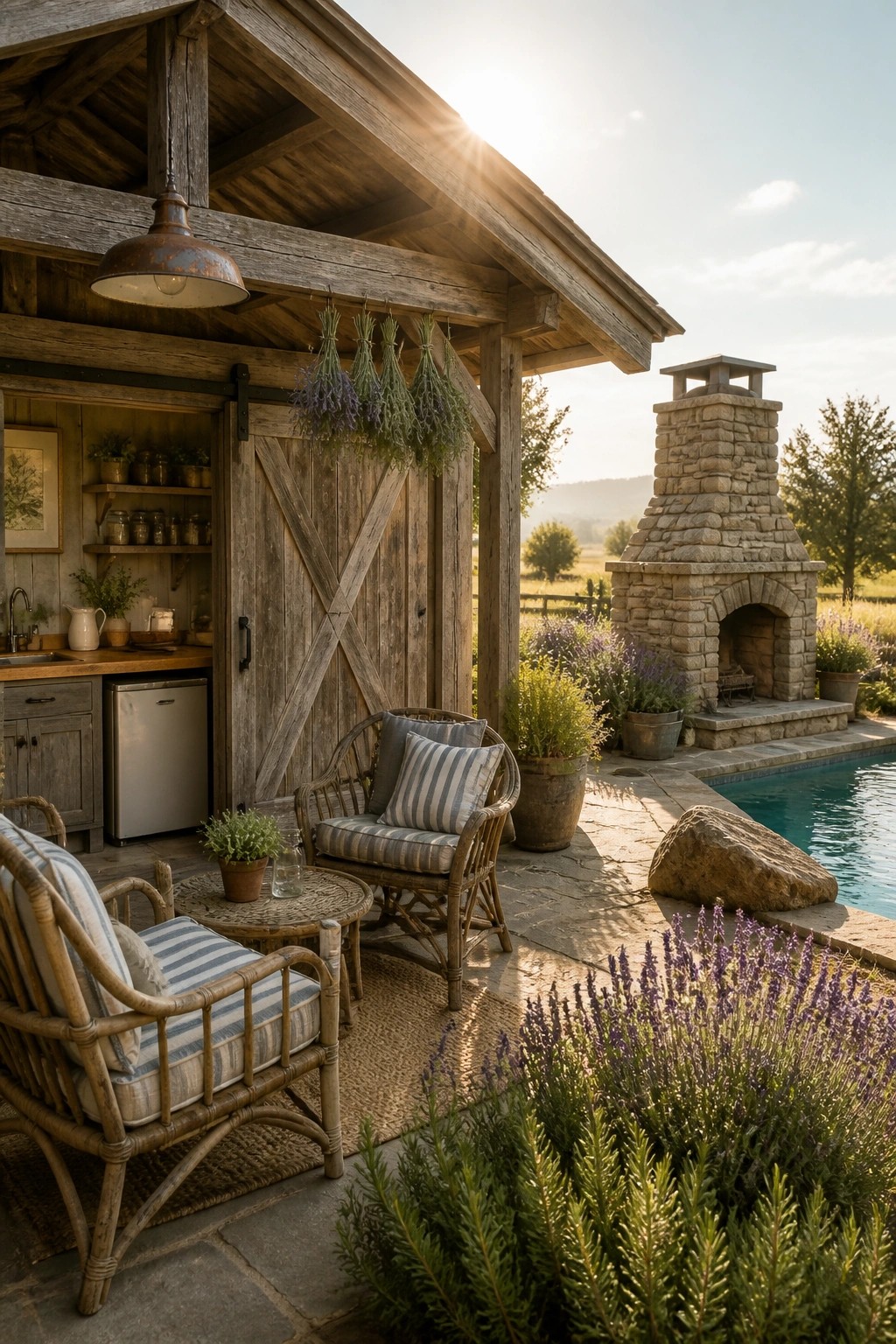 24 Stunning Pool Cabana Ideas to Create a Resort-Style Backyard Escape A wooden pool cabana with open barn doors showing a small kitchen area, wicker chairs on a stone patio beside a pool, a stone fireplace nearby, and lavender plants in the foreground.