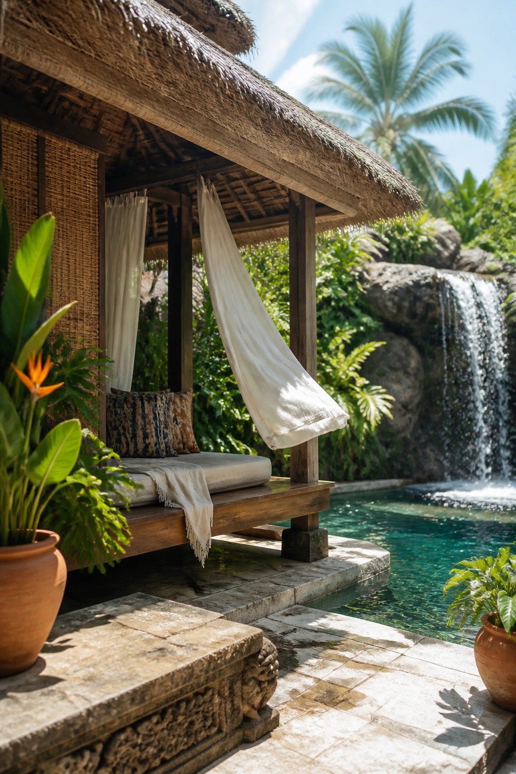 24 Stunning Pool Cabana Ideas to Create a Resort-Style Backyard Escape A wooden pool cabana with a thatched roof and white curtains sits beside a turquoise pool with a small waterfall and tropical plants.