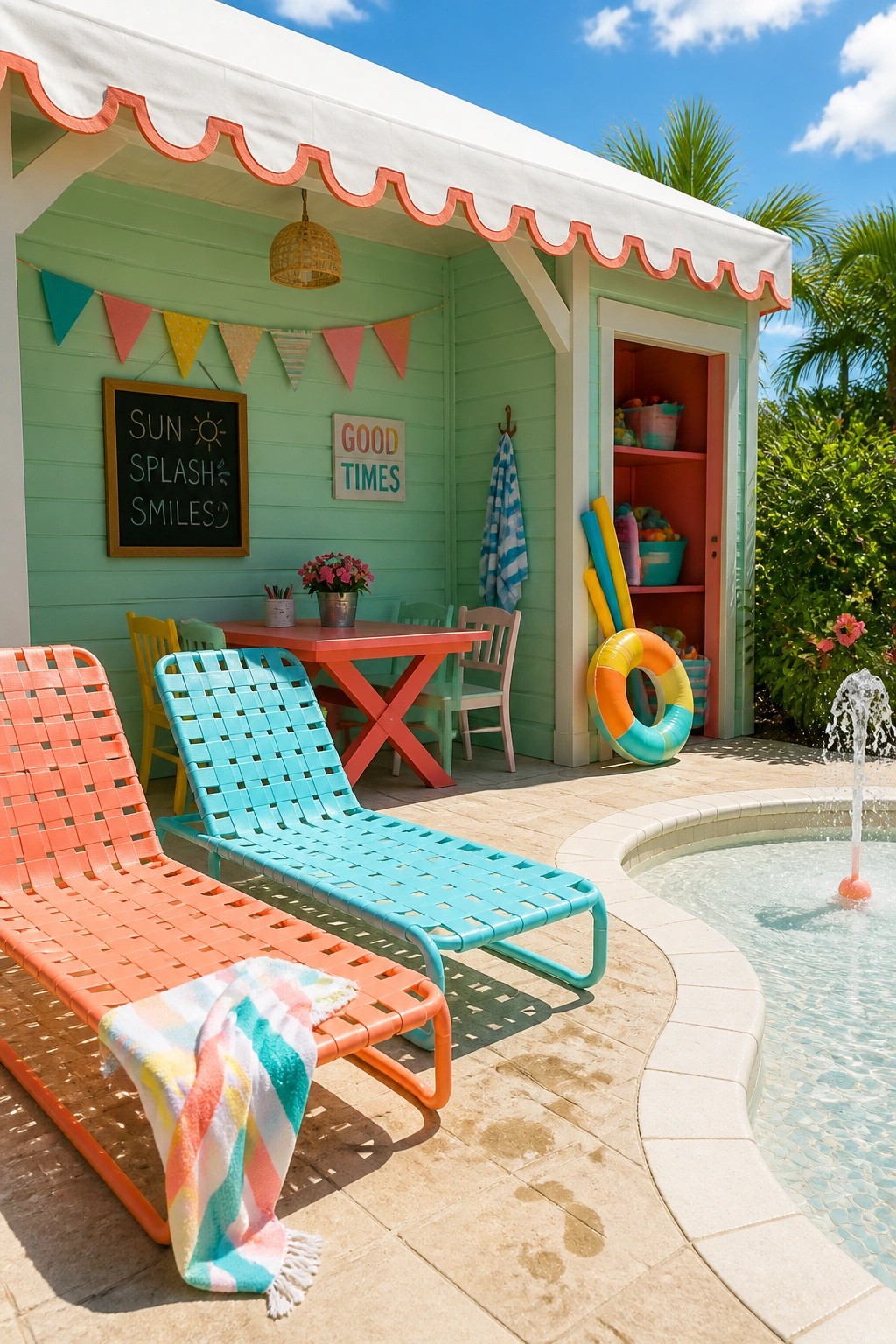 24 Stunning Pool Cabana Ideas to Create a Resort-Style Backyard Escape A mint green pool cabana with coral trim features an open doorway revealing shelves stocked with pool toys and floats, positioned beside a small pool with two colorful lounge chairs in front.