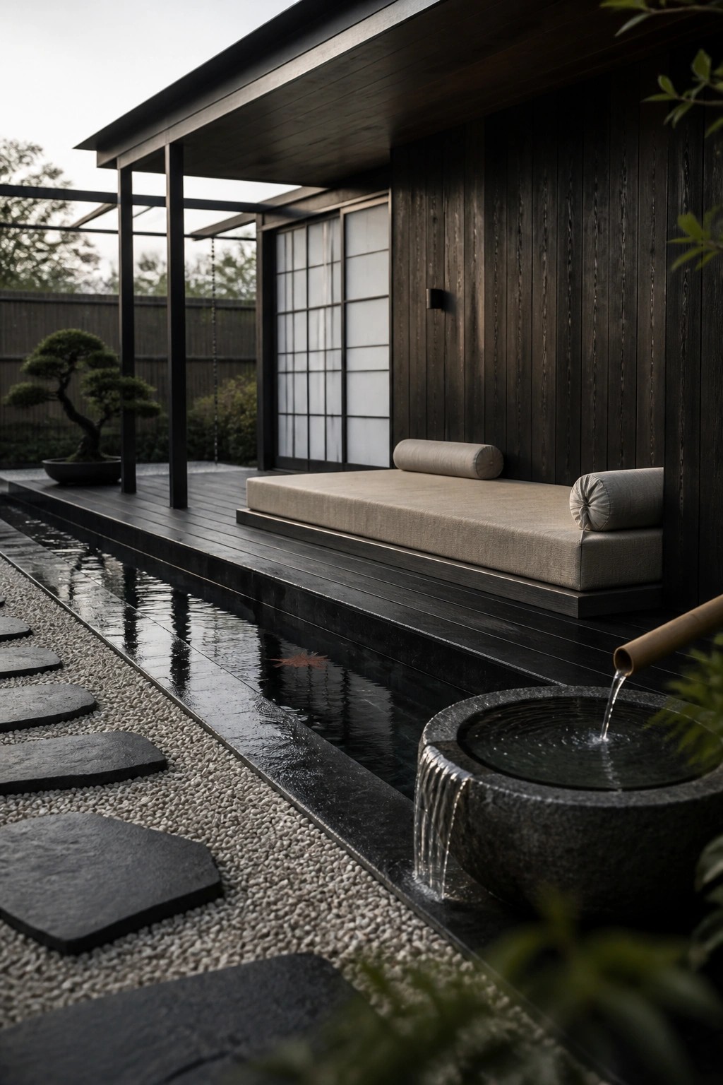 24 Stunning Pool Cabana Ideas to Create a Resort-Style Backyard Escape Modern Japanese zen garden with dark wood deck, water basin, and cushioned bench