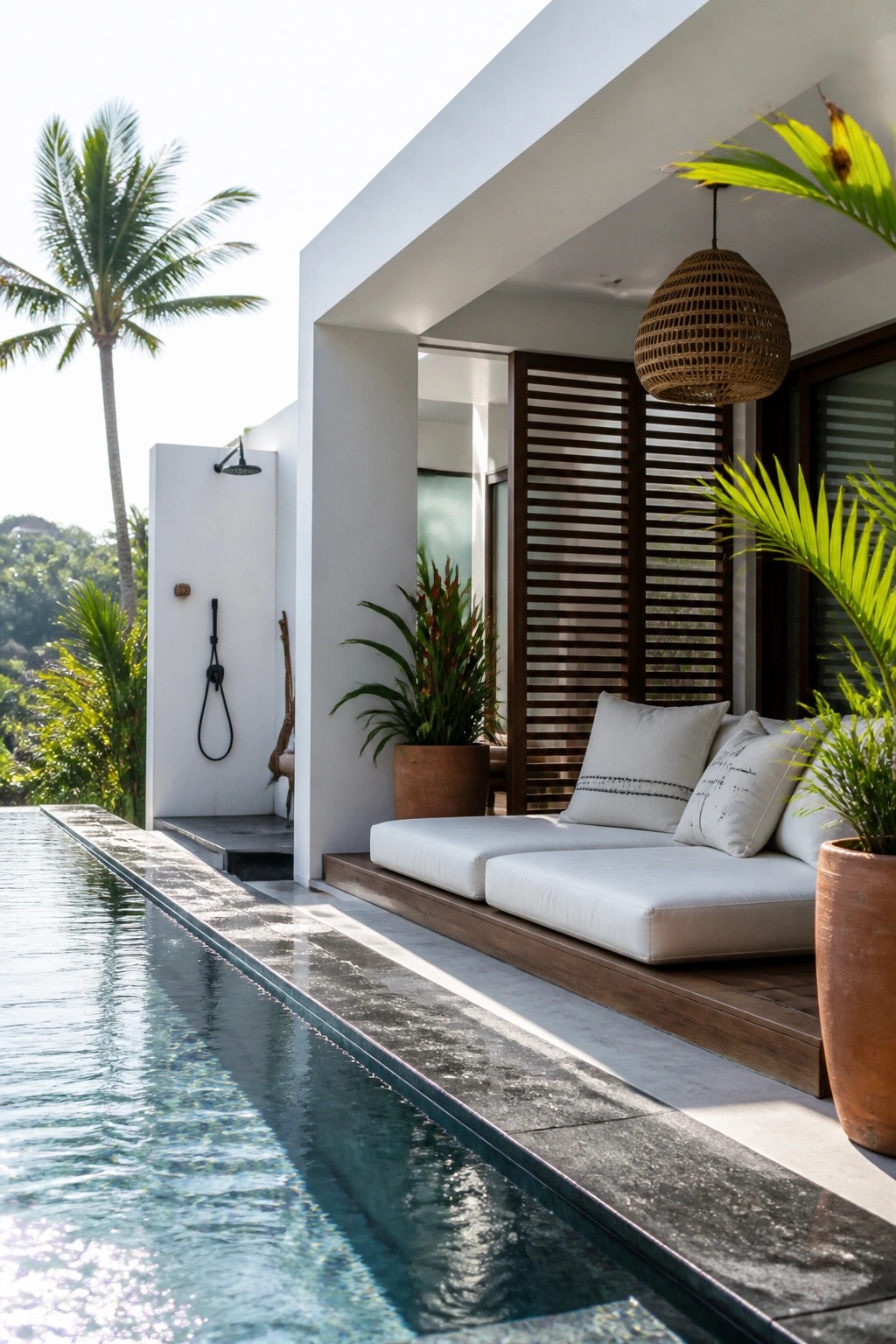 24 Stunning Pool Cabana Ideas to Create a Resort-Style Backyard Escape Outdoor pool area with a long narrow pool and built-in white cushioned seating on a wooden deck next to an outdoor shower and slatted screen.