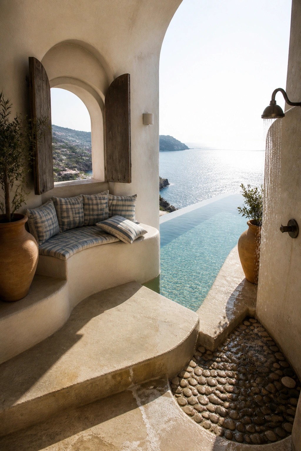 24 Stunning Pool Cabana Ideas to Create a Resort-Style Backyard Escape An outdoor cabana space with curved built-in seating, an outdoor shower on a pebble floor, and a pool overlooking the sea.