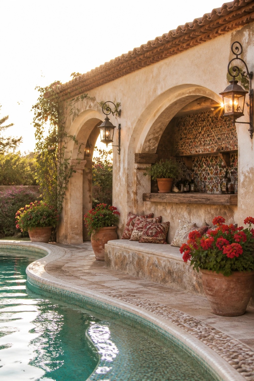 24 Stunning Pool Cabana Ideas to Create a Resort-Style Backyard Escape Outdoor poolside cabana with arched stucco walls, a built-in bench with cushions, a tiled recessed niche with shelves, hanging lanterns, and potted flowers along a curved pool edge.