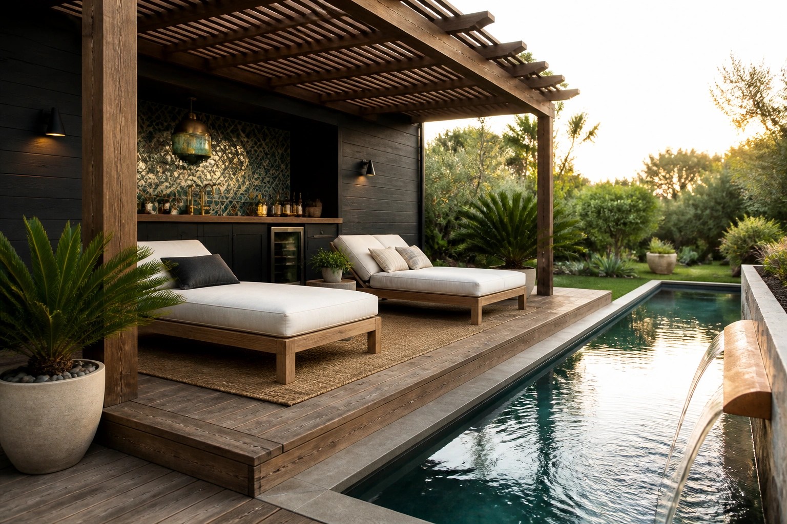 A dark wood pool cabana with white cushioned lounge chairs on a deck beside a long swimming pool, showing an outdoor kitchen area under a slatted roof overhang.