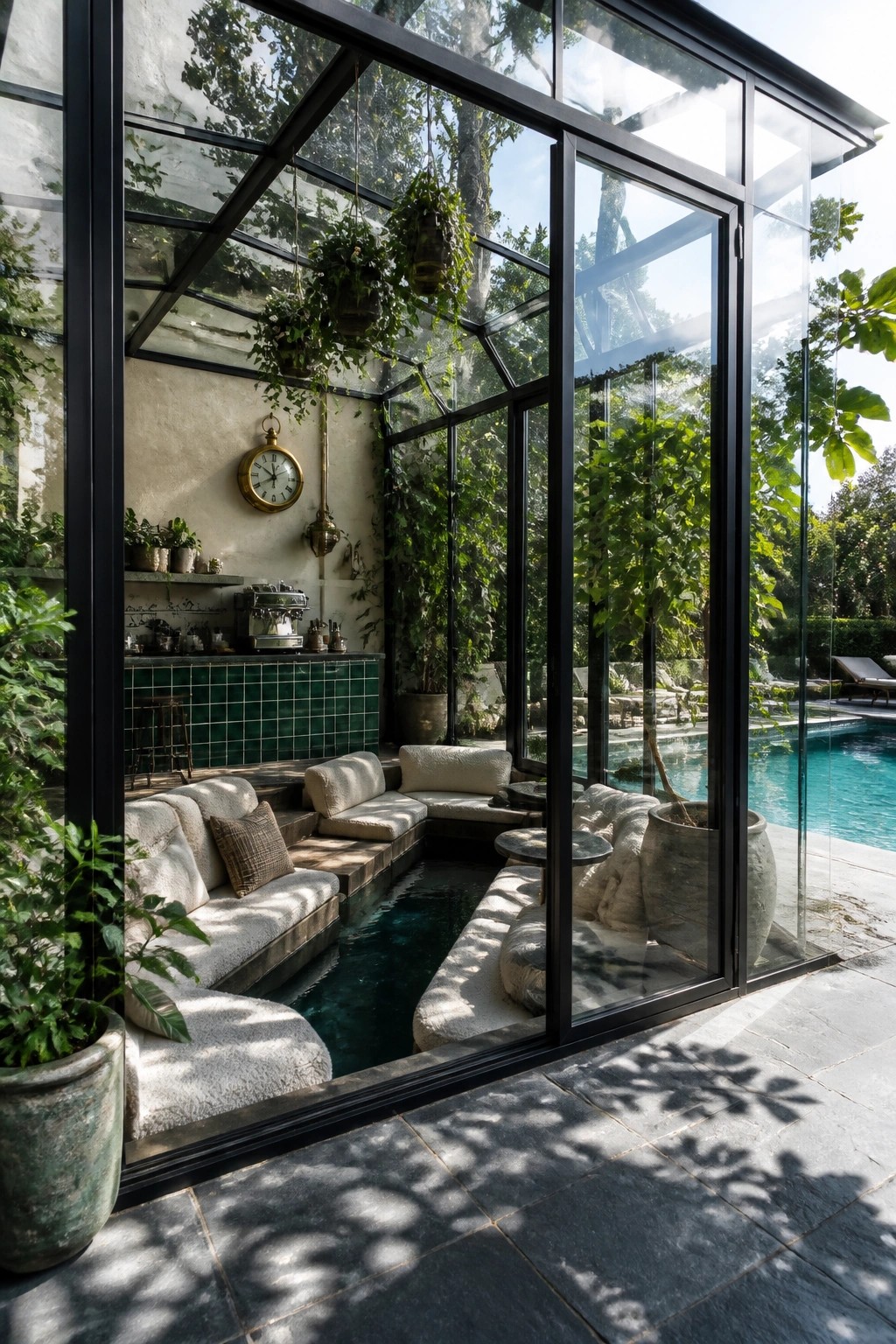 24 Stunning Pool Cabana Ideas to Create a Resort-Style Backyard Escape A glass-enclosed pool cabana with built-in white seating surrounding a narrow water channel, opening directly to a backyard swimming pool.