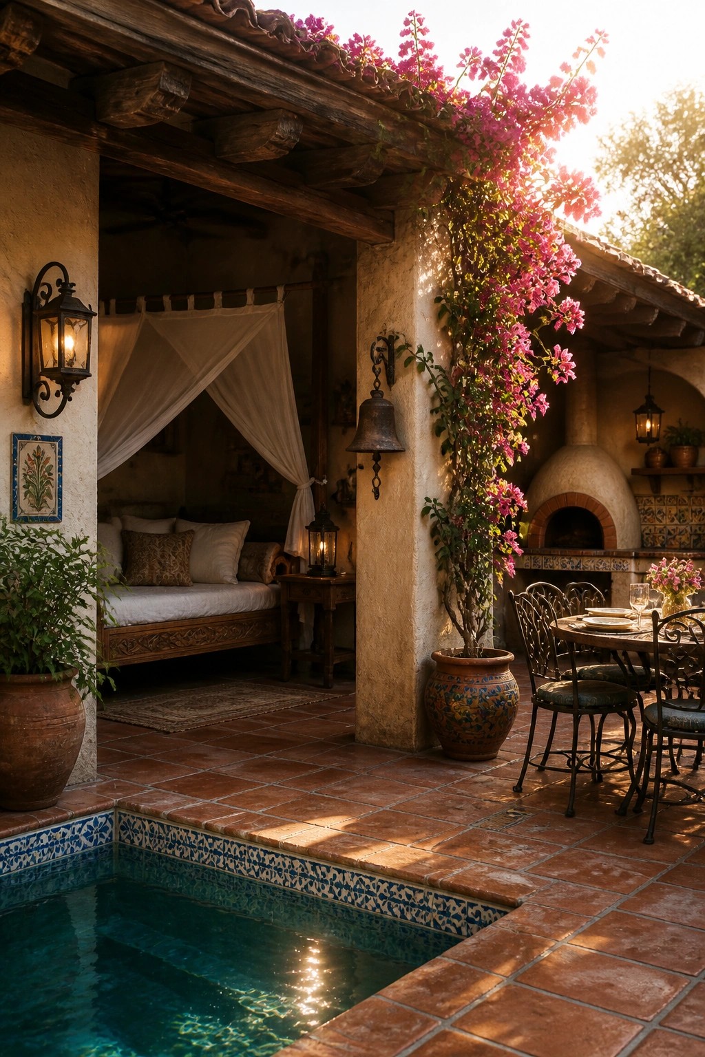24 Stunning Pool Cabana Ideas to Create a Resort-Style Backyard Escape A rustic poolside cabana with a daybed, outdoor dining set, climbing pink flowers, and a tiled pool edge at sunset.