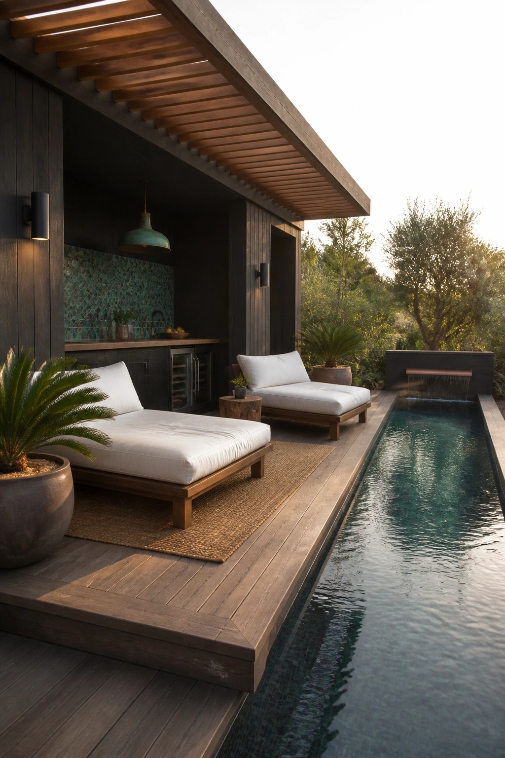 24 Stunning Pool Cabana Ideas to Create a Resort-Style Backyard Escape A dark wood pool cabana with white cushioned lounge chairs on a deck beside a long swimming pool, showing an outdoor kitchen area under a slatted roof overhang.