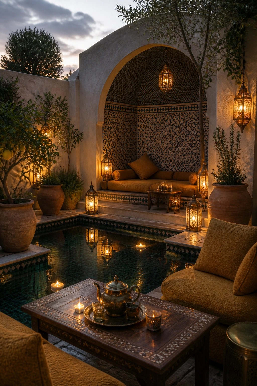 24 Stunning Pool Cabana Ideas to Create a Resort-Style Backyard Escape An outdoor pool cabana with mosaic tiled walls, cushioned bench seating, and multiple glowing lanterns placed around the pool at dusk.