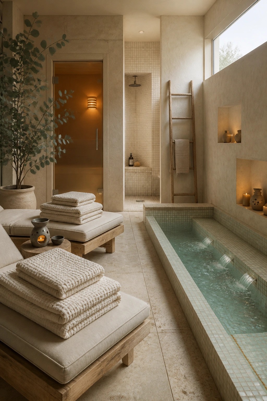 24 Stunning Pool Cabana Ideas to Create a Resort-Style Backyard Escape An indoor spa area with a long narrow plunge pool in light blue tile, wooden loungers with stacked towels, a sauna door, and a potted plant nearby.