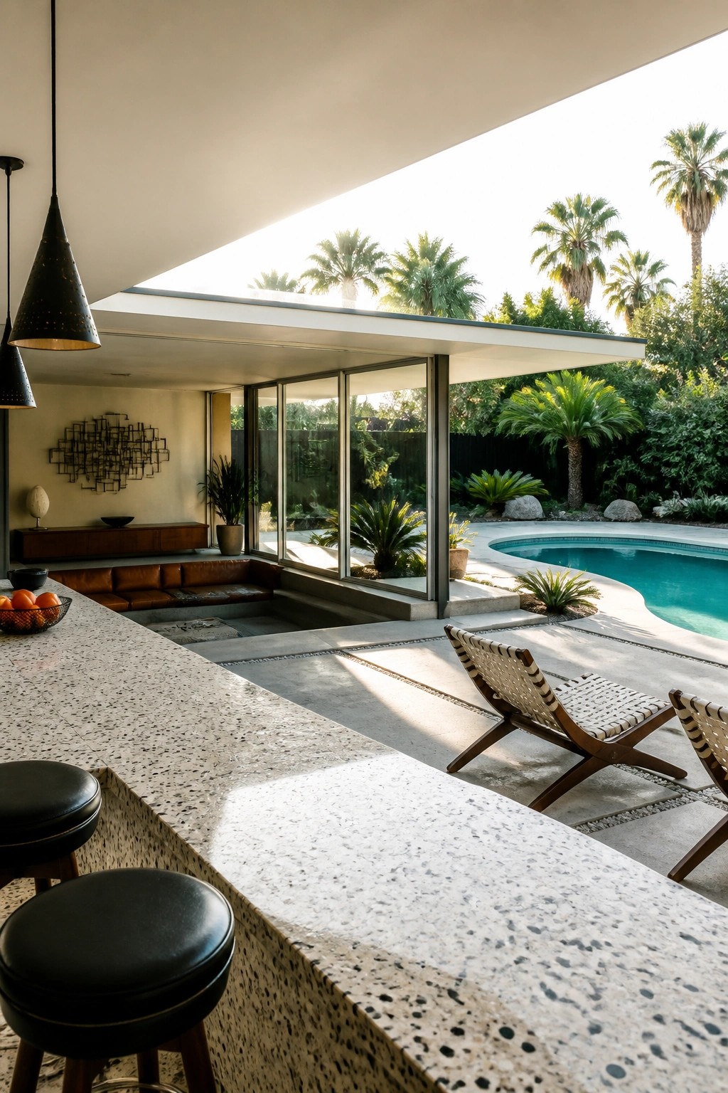 24 Stunning Pool Cabana Ideas to Create a Resort-Style Backyard Escape A modern home with a large terrazzo bar counter and black stools opening through sliding glass doors to a pool area with woven lounge chairs and palm trees.