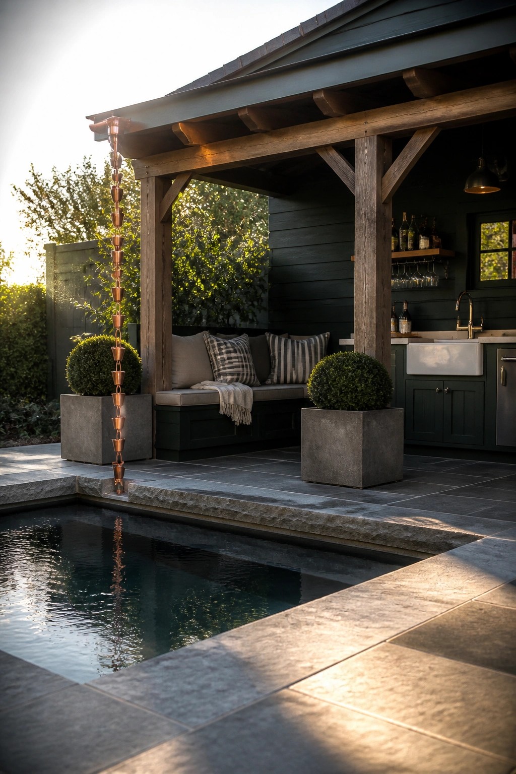 24 Stunning Pool Cabana Ideas to Create a Resort-Style Backyard Escape Copper rain chain over pool beside wooden patio with bench and planters