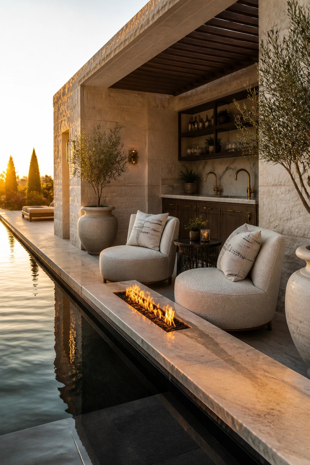 24 Stunning Pool Cabana Ideas to Create a Resort-Style Backyard Escape An outdoor pool cabana with a long linear fire pit on a stone ledge next to the water, two upholstered armchairs, and a covered bar area with shelves and sinks.