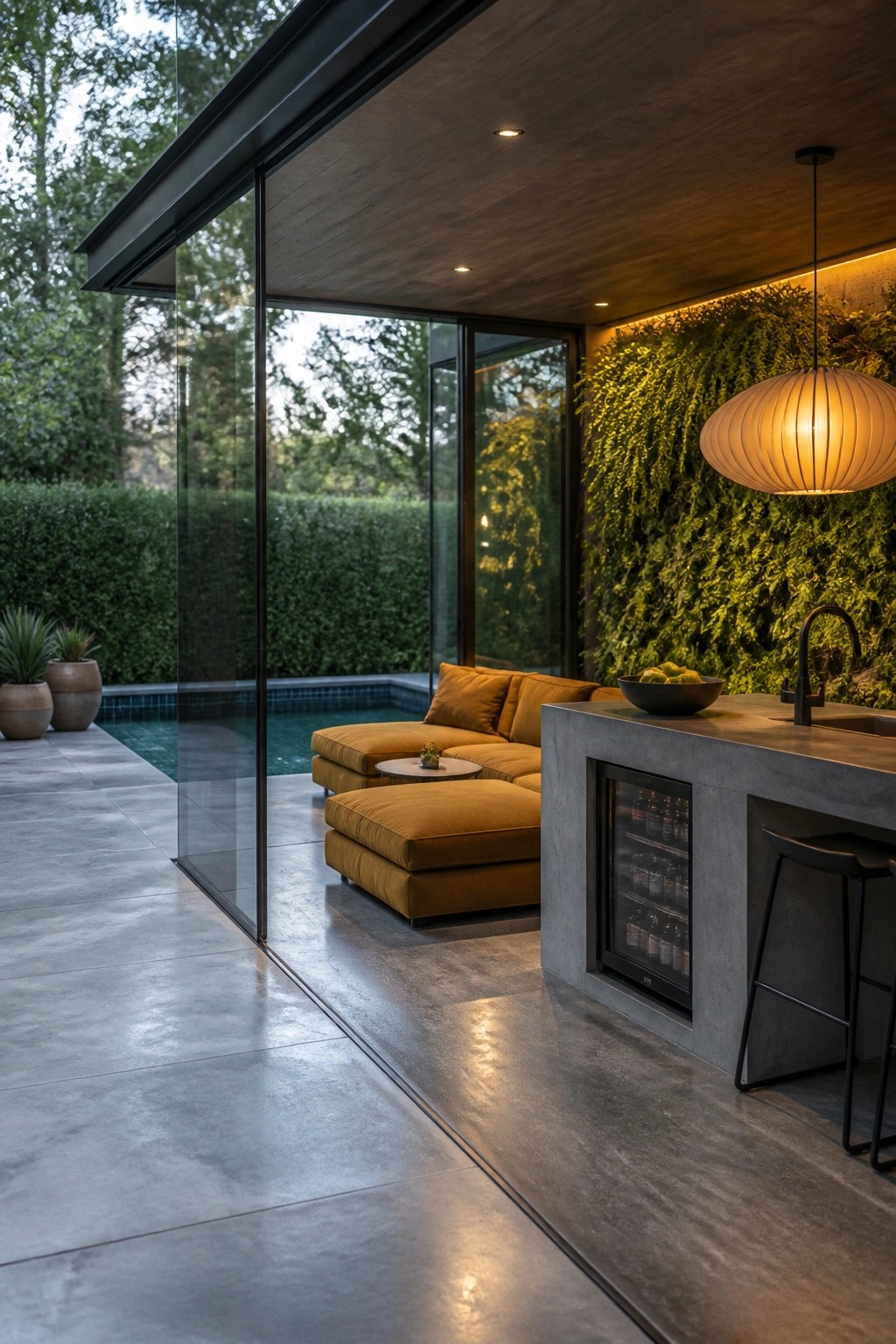 24 Stunning Pool Cabana Ideas to Create a Resort-Style Backyard Escape A modern poolside space with large sliding glass doors open to a patio featuring a mustard yellow sectional, concrete kitchen island with bar stools, and a vertical green wall.