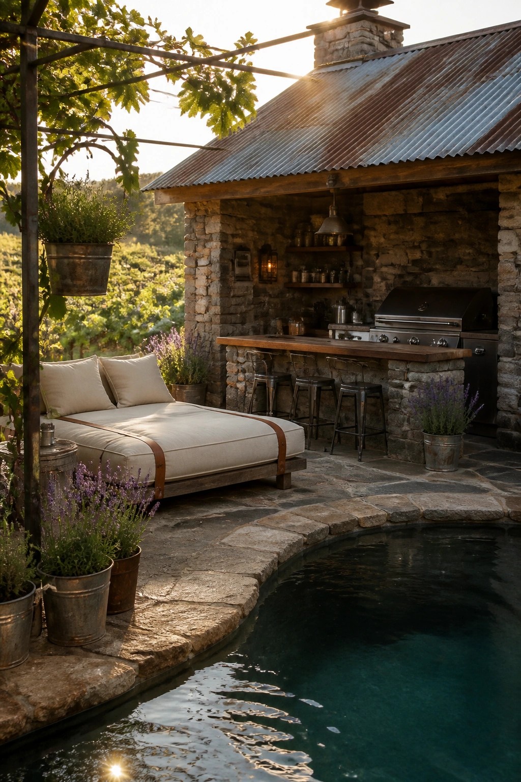 24 Stunning Pool Cabana Ideas to Create a Resort-Style Backyard Escape Rustic stone kitchen patio with daybed, bar stools, pool, and vineyard at sunset