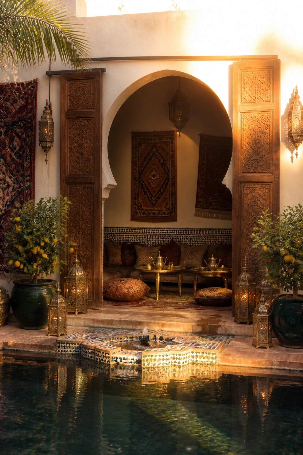 24 Stunning Pool Cabana Ideas to Create a Resort-Style Backyard Escape A swimming pool with a small fountain in front of open carved wooden doors that lead into a lounge area with cushions and low tables.