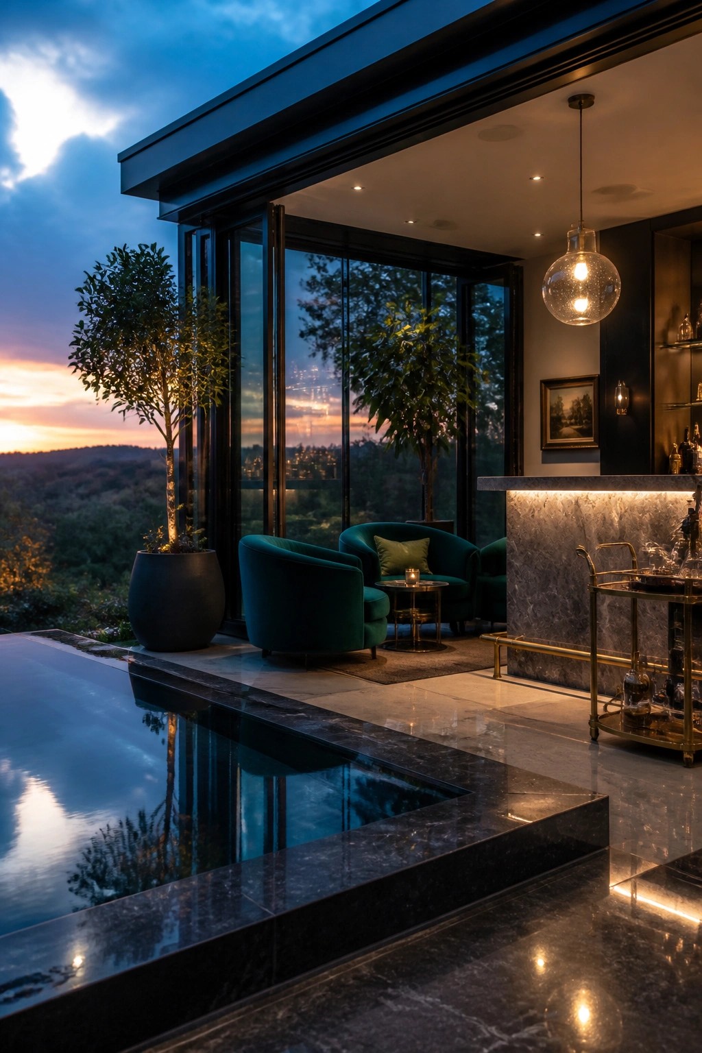 24 Stunning Pool Cabana Ideas to Create a Resort-Style Backyard Escape A modern poolside lounge at dusk with teal velvet armchairs, a marble bar counter, a gold bar cart, potted trees, and large open glass doors overlooking a scenic landscape.