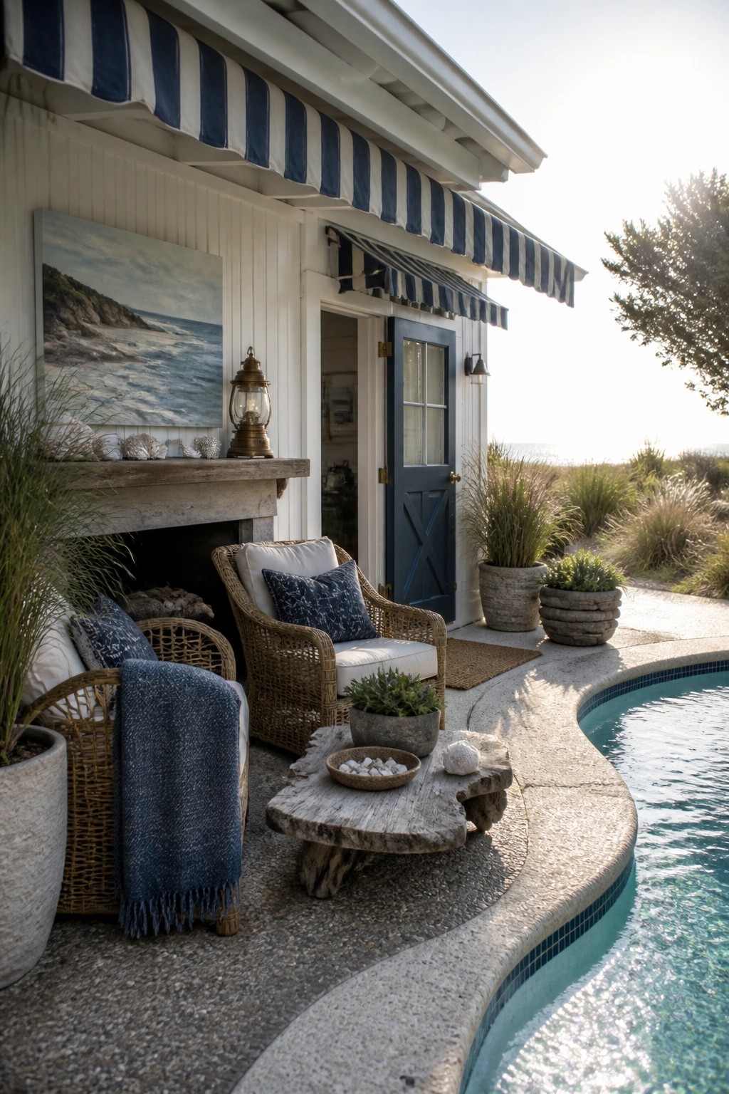 24 Stunning Pool Cabana Ideas to Create a Resort-Style Backyard Escape Outdoor pool deck with wicker armchairs, a rustic wood table, potted plants, and a white house with a blue door under a striped awning.