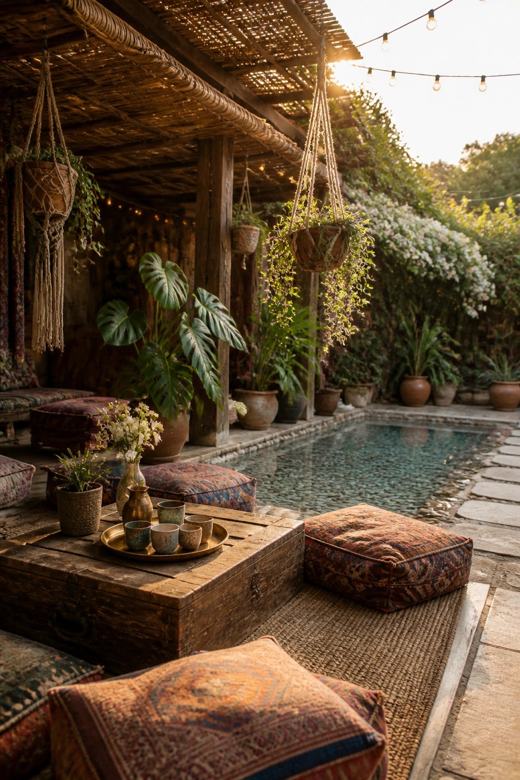 24 Stunning Pool Cabana Ideas to Create a Resort-Style Backyard Escape A wooden chest used as a low table with small cups on top, surrounded by patterned floor cushions on a woven rug beside a swimming pool under a thatched roof with hanging plants.