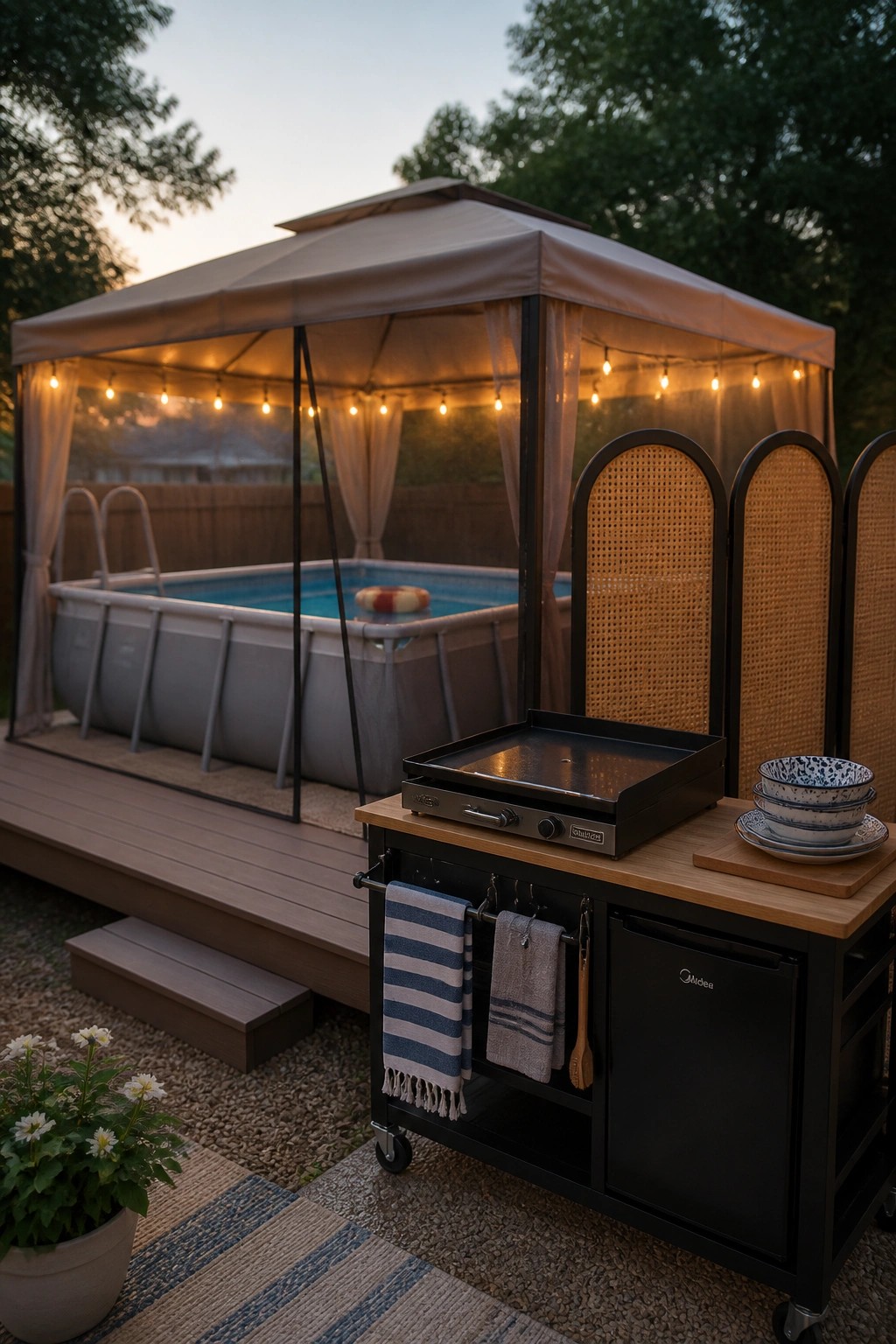 24 Stylish Above Ground Pool Shade Ideas Without Permanent Construction An above-ground pool sits under a fabric canopy gazebo with string lights, next to a wooden deck and an outdoor kitchen cart.