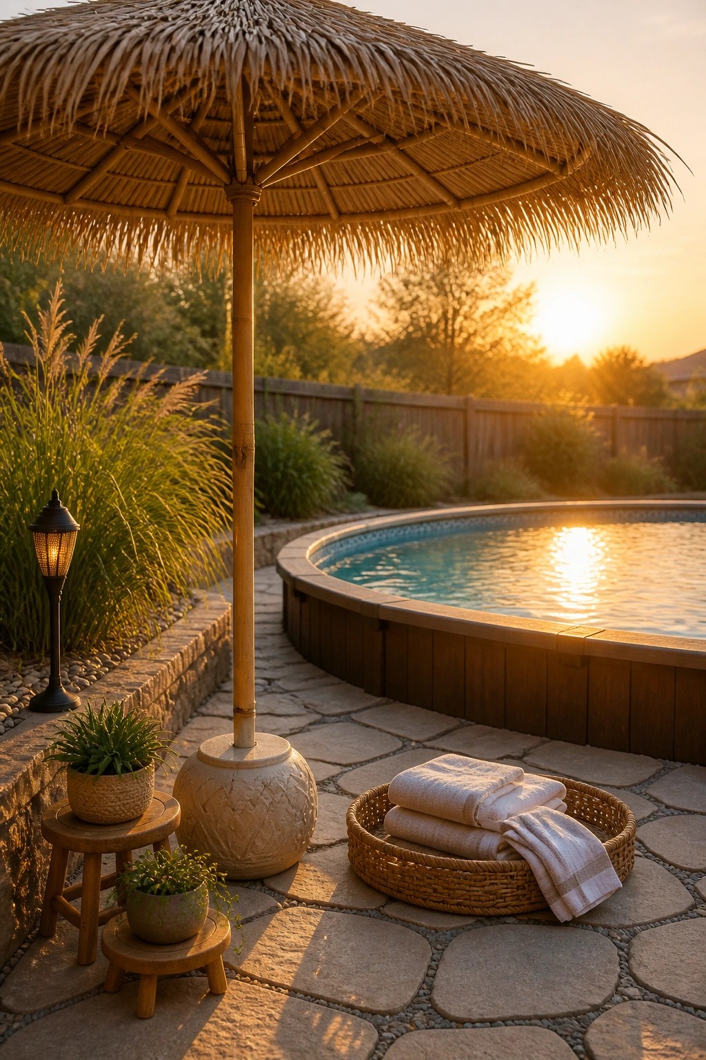 24 Stylish Above Ground Pool Shade Ideas Without Permanent Construction A large thatched umbrella stands on a stone patio next to an above-ground pool with towels in a basket and small potted plants nearby.