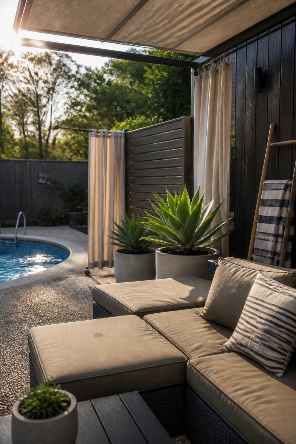 24 Stylish Above Ground Pool Shade Ideas Without Permanent Construction Modern patio with beige sectional sofa, potted agave plants, and pool view