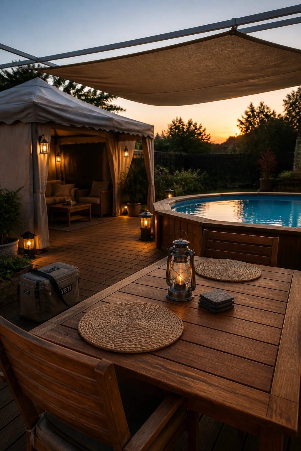 24 Stylish Above Ground Pool Shade Ideas Without Permanent Construction A wooden deck with a dining table, lanterns, and woven placemats sits beside an above-ground pool, with a large fabric shade sail overhead and a lit canvas structure in the background at dusk.