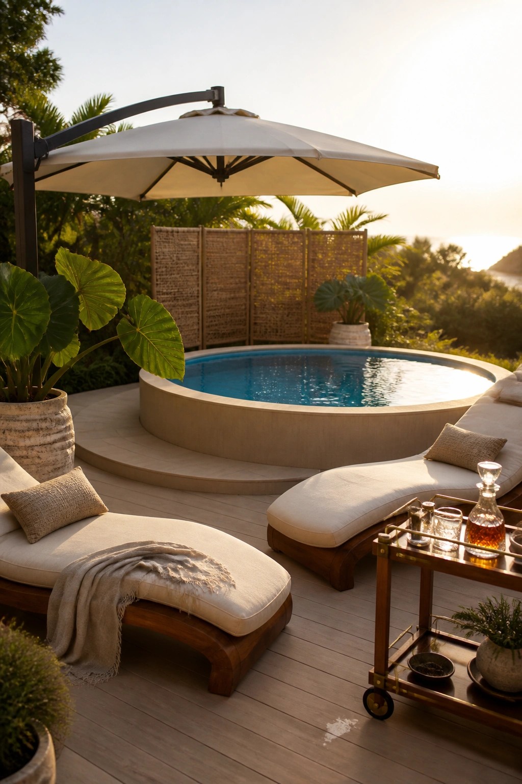 24 Stylish Above Ground Pool Shade Ideas Without Permanent Construction A round above-ground pool on a wooden deck shaded by a large white cantilever umbrella, with two cushioned lounge chairs and potted plants nearby.
