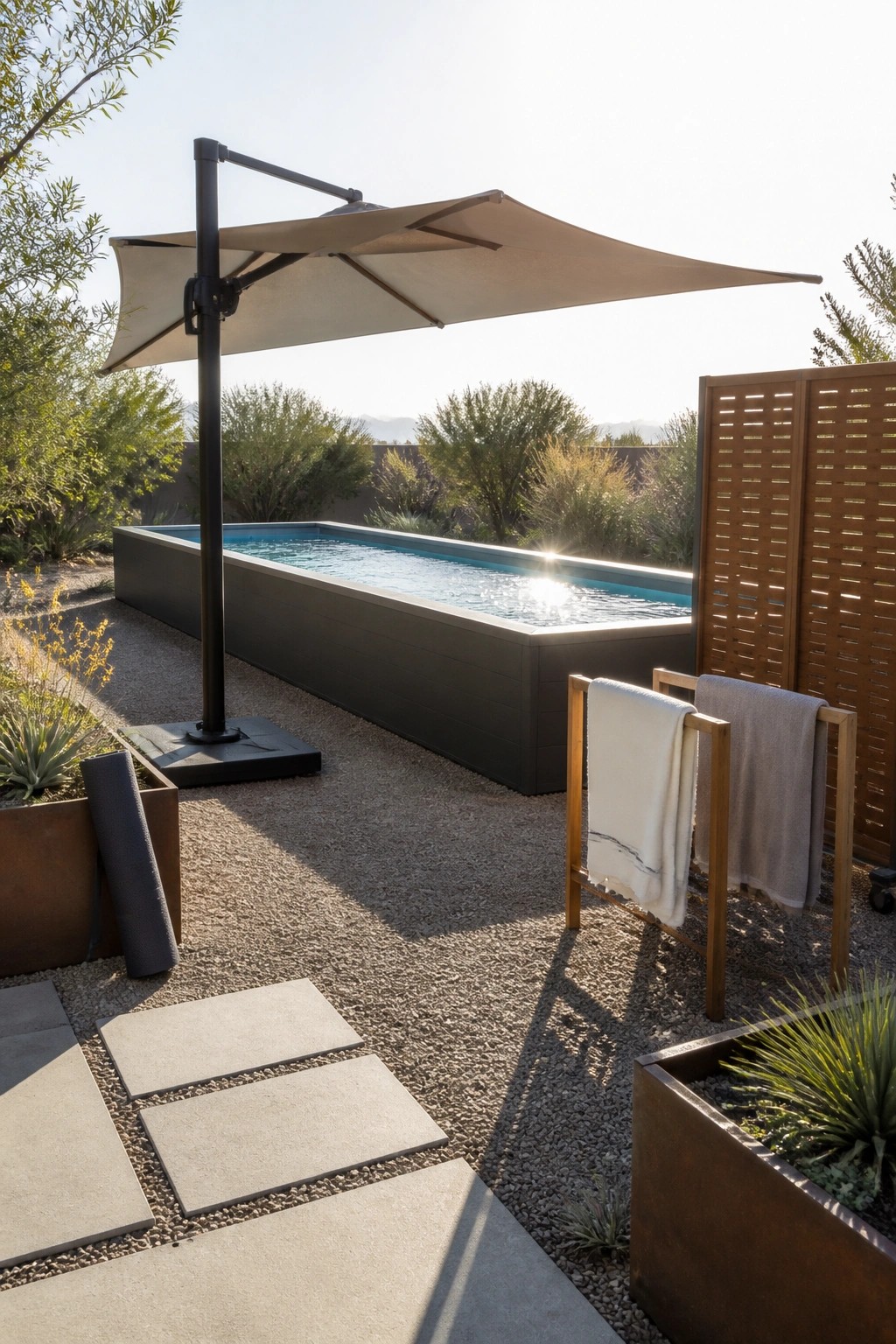 24 Stylish Above Ground Pool Shade Ideas Without Permanent Construction A rectangular above-ground pool shaded by a large beige cantilever umbrella on a gravel patio with pavers, planters, and a wooden privacy screen.