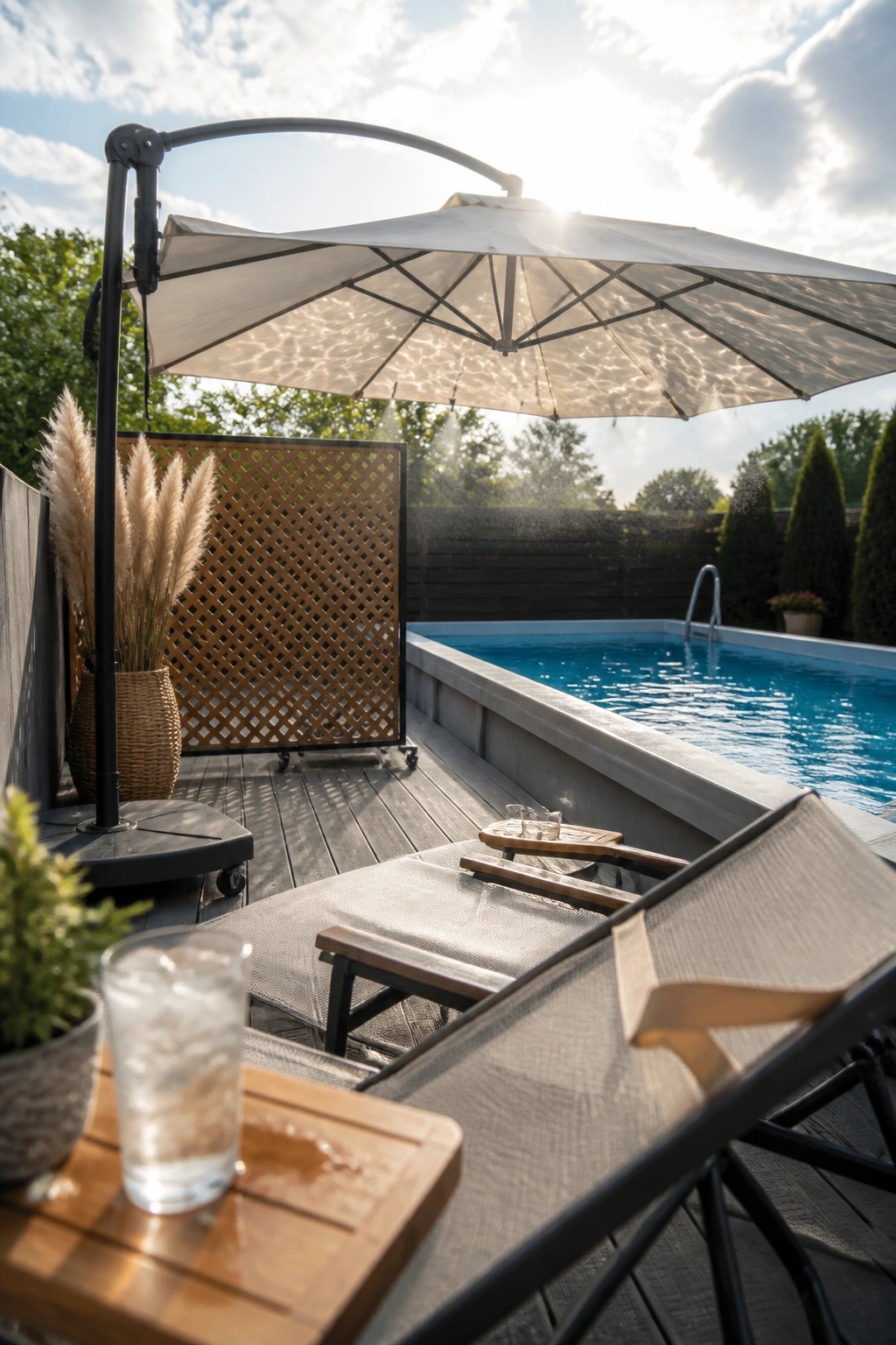 24 Stylish Above Ground Pool Shade Ideas Without Permanent Construction A large white cantilever umbrella shades two lounge chairs on a wooden deck next to a swimming pool.