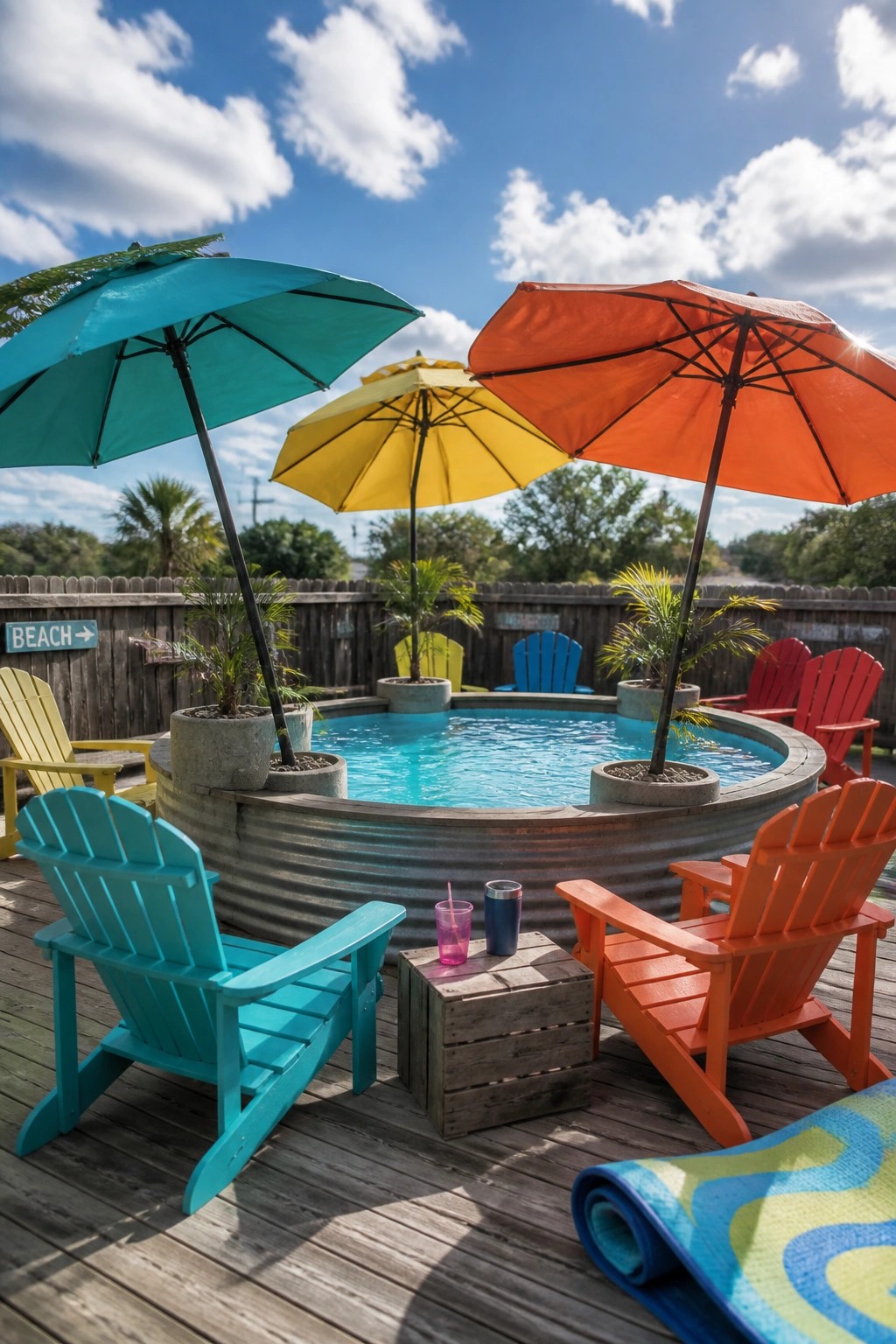 24 Stylish Above Ground Pool Shade Ideas Without Permanent Construction An above ground pool on a wooden deck with three large colorful umbrellas and matching Adirondack chairs around it.