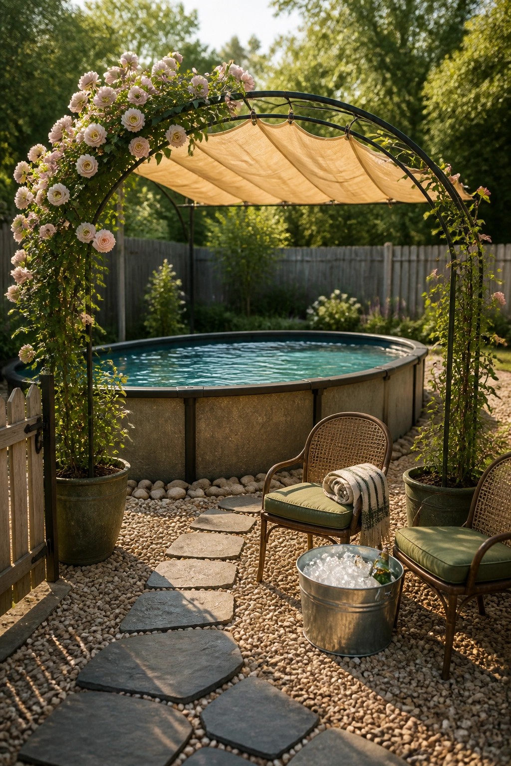 24 Stylish Above Ground Pool Shade Ideas Without Permanent Construction An above ground pool with a beige fabric canopy stretched over a curved black metal frame, flanked by rose-covered arches and two chairs on a gravel surface.