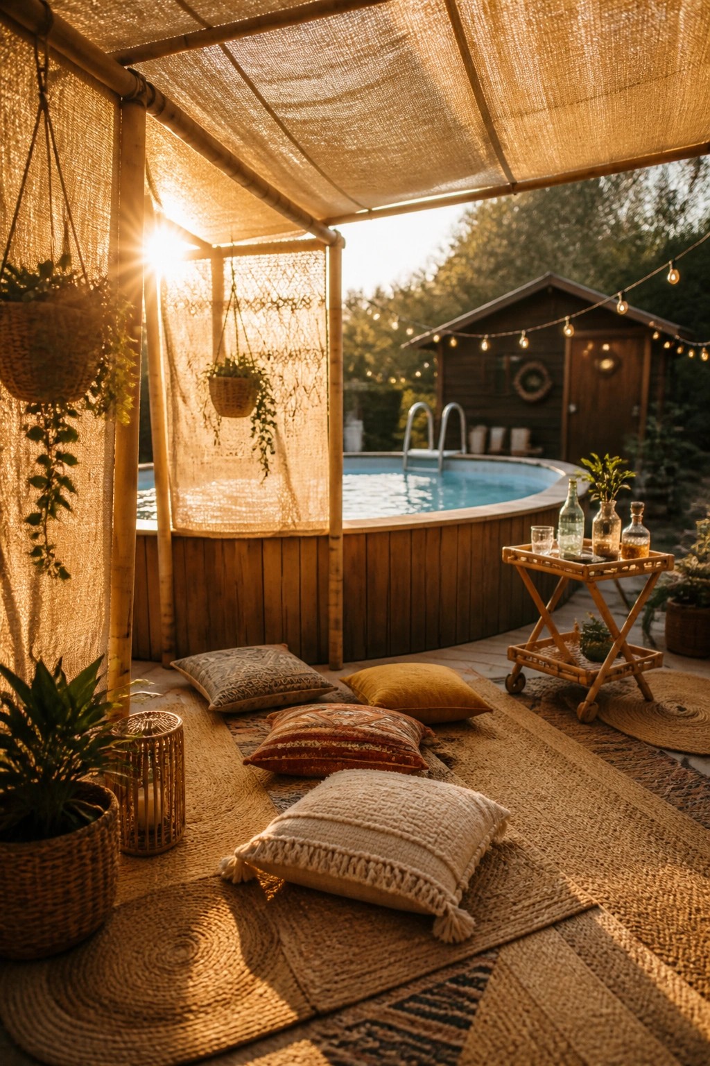 24 Stylish Above Ground Pool Shade Ideas Without Permanent Construction An above-ground pool area with a fabric canopy on bamboo poles, pillows on rugs, and a serving cart nearby.