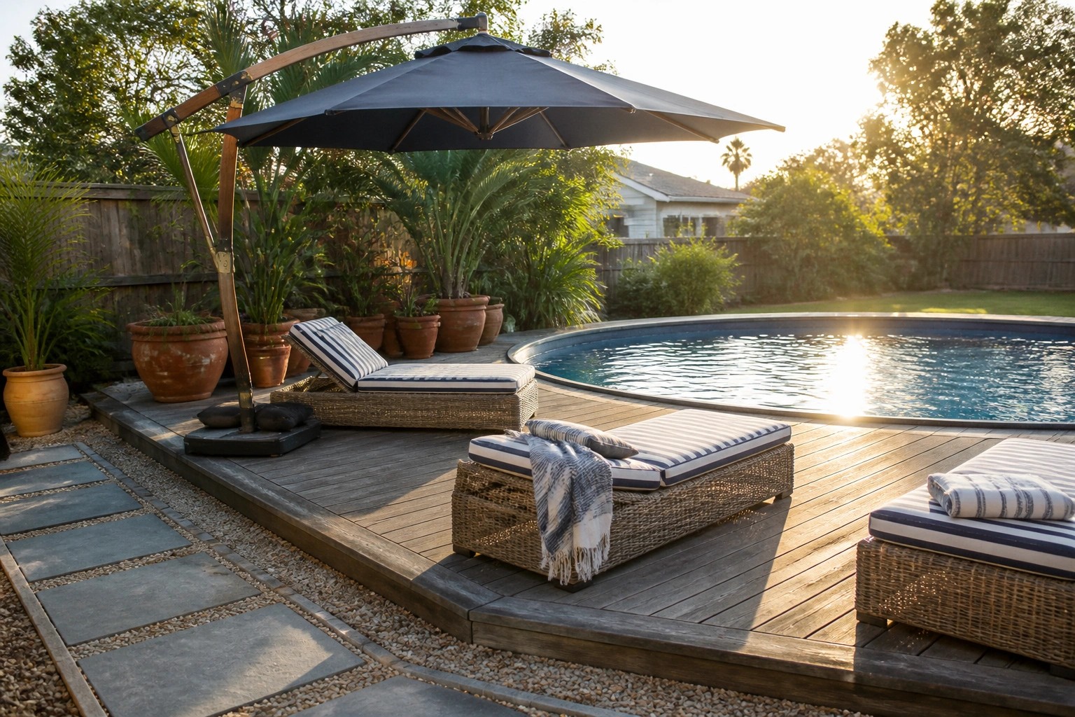 A large dark blue cantilever umbrella shades striped lounge chairs on a wooden deck beside a round above-ground pool.