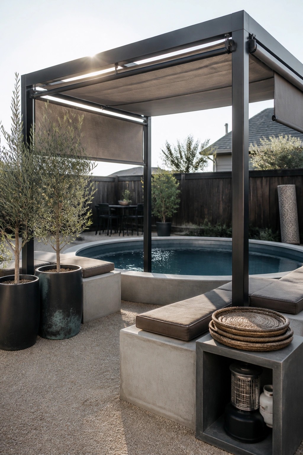 24 Stylish Above Ground Pool Shade Ideas Without Permanent Construction Modern metal frame canopy with retractable fabric shades positioned beside a round above ground pool, with concrete seating blocks and potted trees nearby.