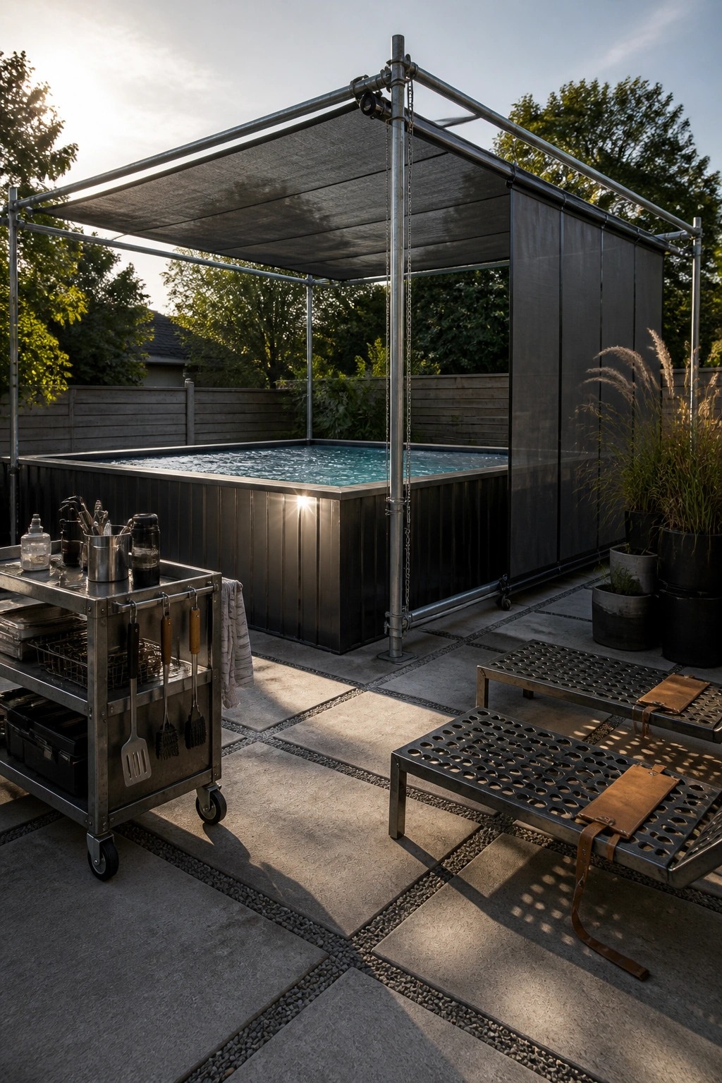 24 Stylish Above Ground Pool Shade Ideas Without Permanent Construction Modern patio with plunge pool, metal canopy, grill cart, and lounge chairs