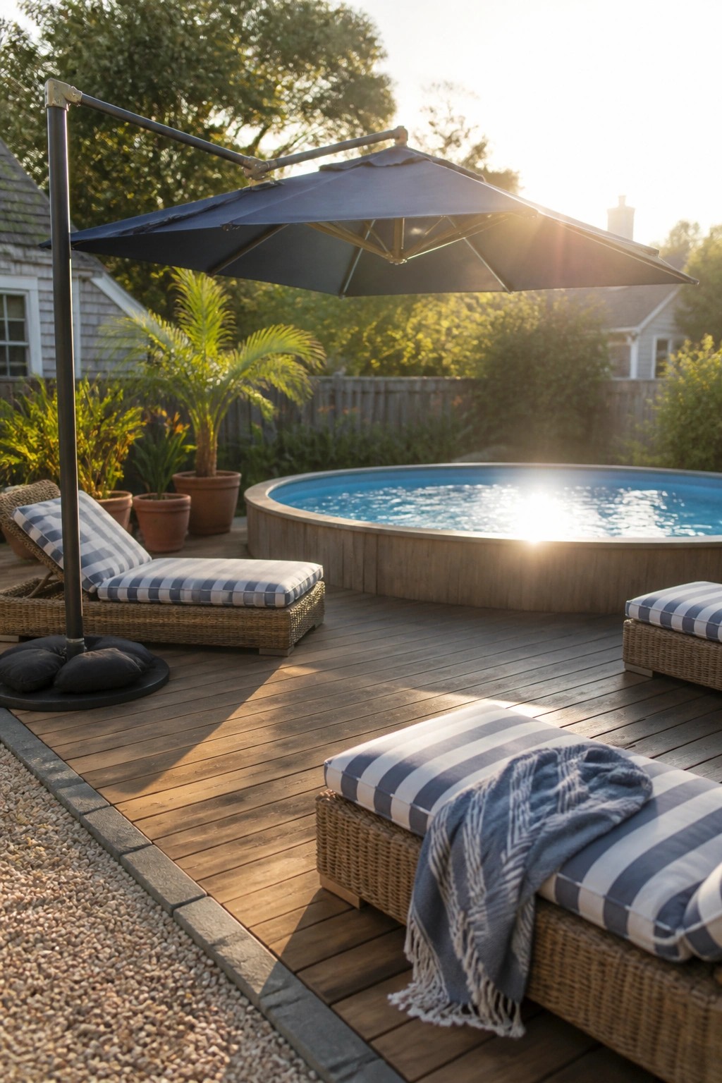 24 Stylish Above Ground Pool Shade Ideas Without Permanent Construction A large dark blue cantilever umbrella shades striped lounge chairs on a wooden deck beside a round above-ground pool.