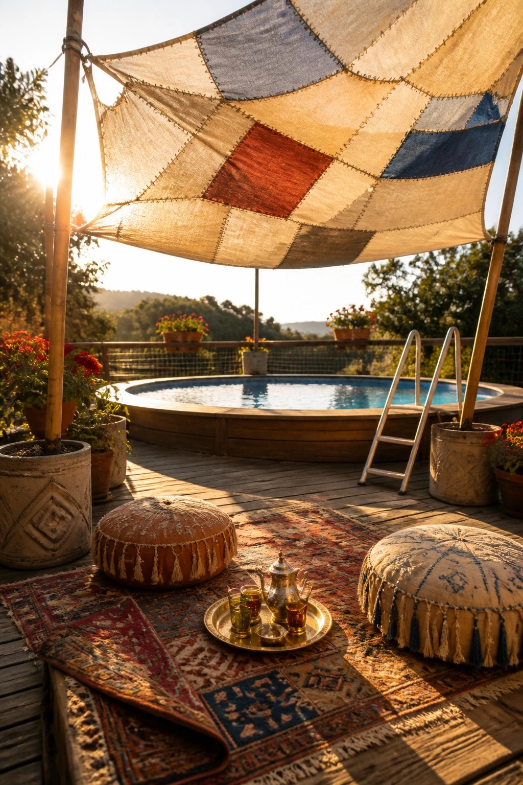 24 Stylish Above Ground Pool Shade Ideas Without Permanent Construction An above-ground pool on a wooden deck shaded by a large patchwork fabric canopy supported by wooden poles, with rugs and floor cushions in the foreground.