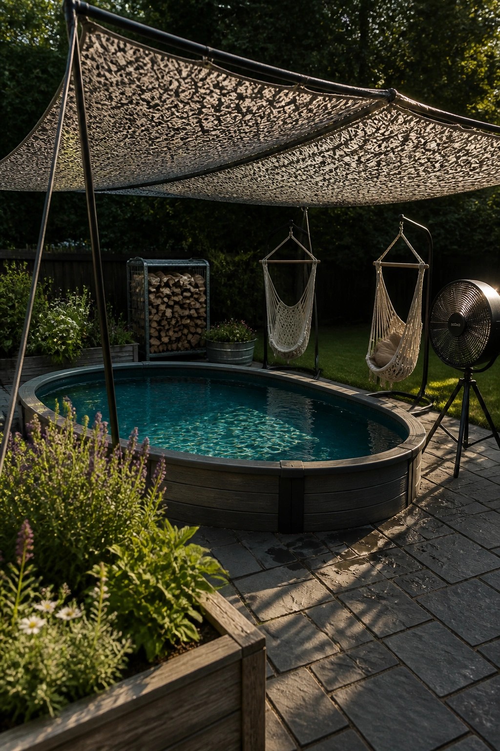 24 Stylish Above Ground Pool Shade Ideas Without Permanent Construction An above-ground pool shaded by a large fabric sail stretched between poles on a paved patio with hammocks nearby.