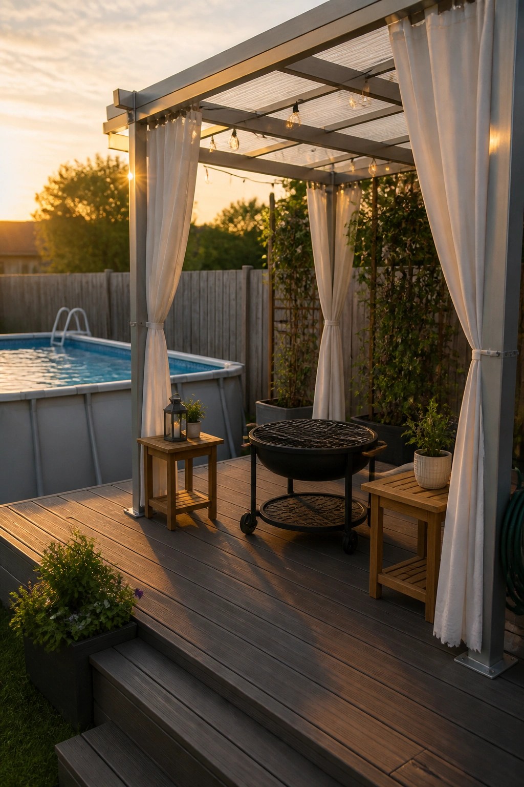 24 Stylish Above Ground Pool Shade Ideas Without Permanent Construction A modern pergola with white curtains stands on a wooden deck beside an above-ground pool, with string lights overhead and a grill nearby at sunset.