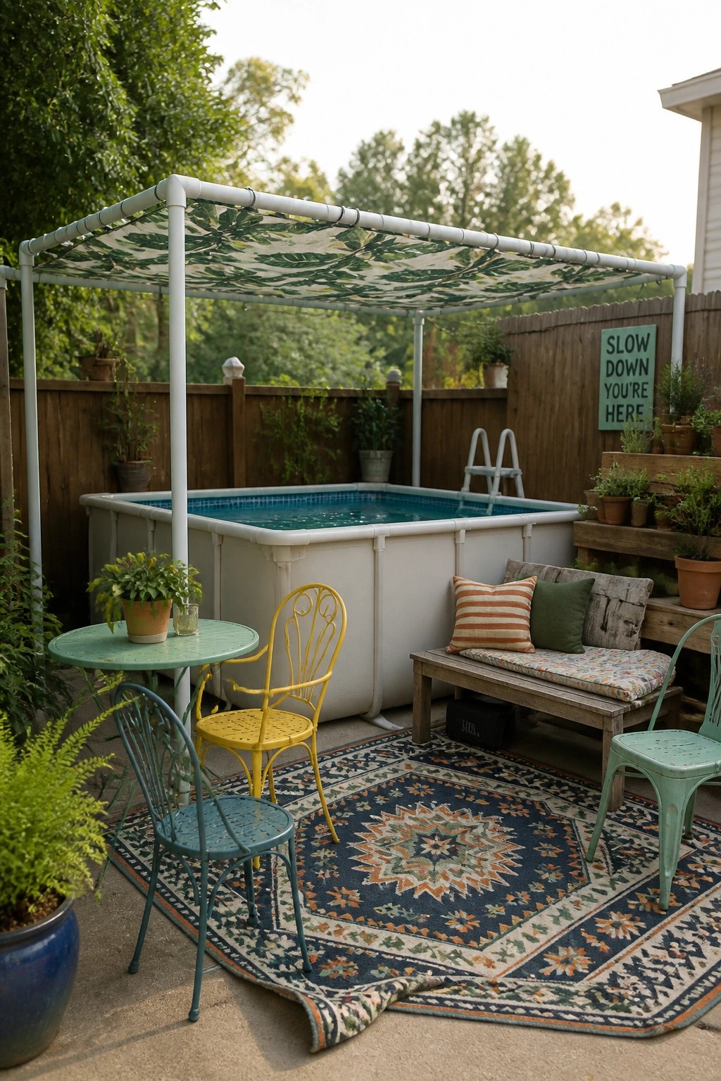 24 Stylish Above Ground Pool Shade Ideas Without Permanent Construction An above ground pool with a white PVC pipe frame holding a leaf patterned fabric shade, plus outdoor furniture and plants arranged on a large rug.