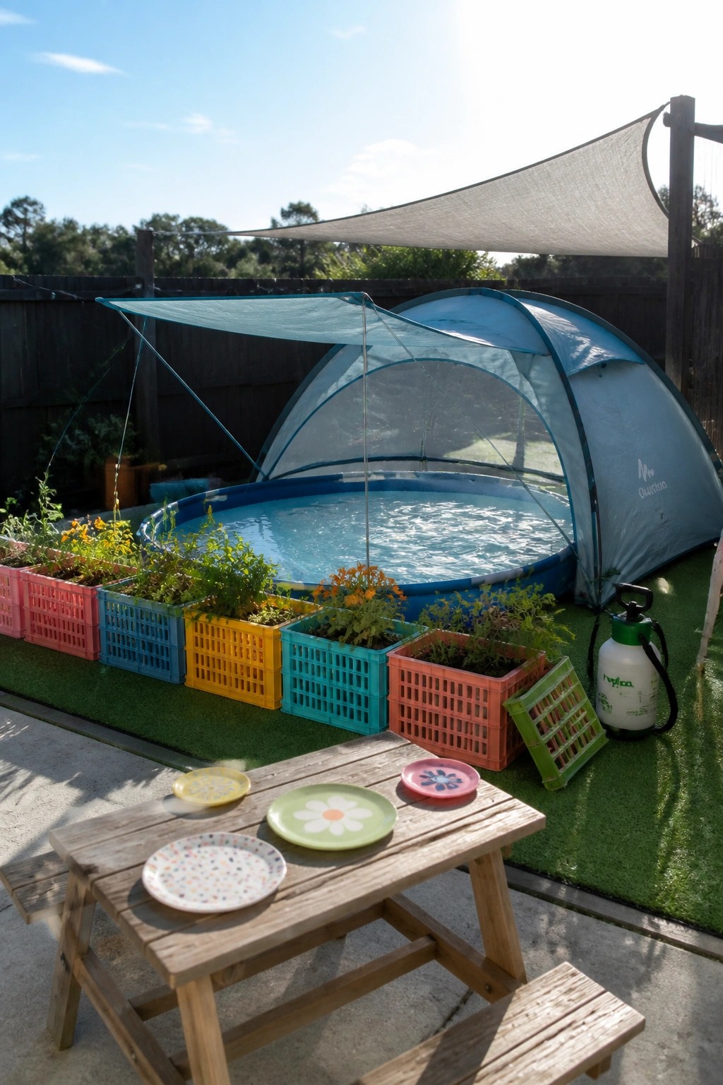 24 Stylish Above Ground Pool Shade Ideas Without Permanent Construction An above-ground pool with a blue pop-up canopy shade, colorful plastic crate planters around the edge, and a wooden picnic table in the foreground.