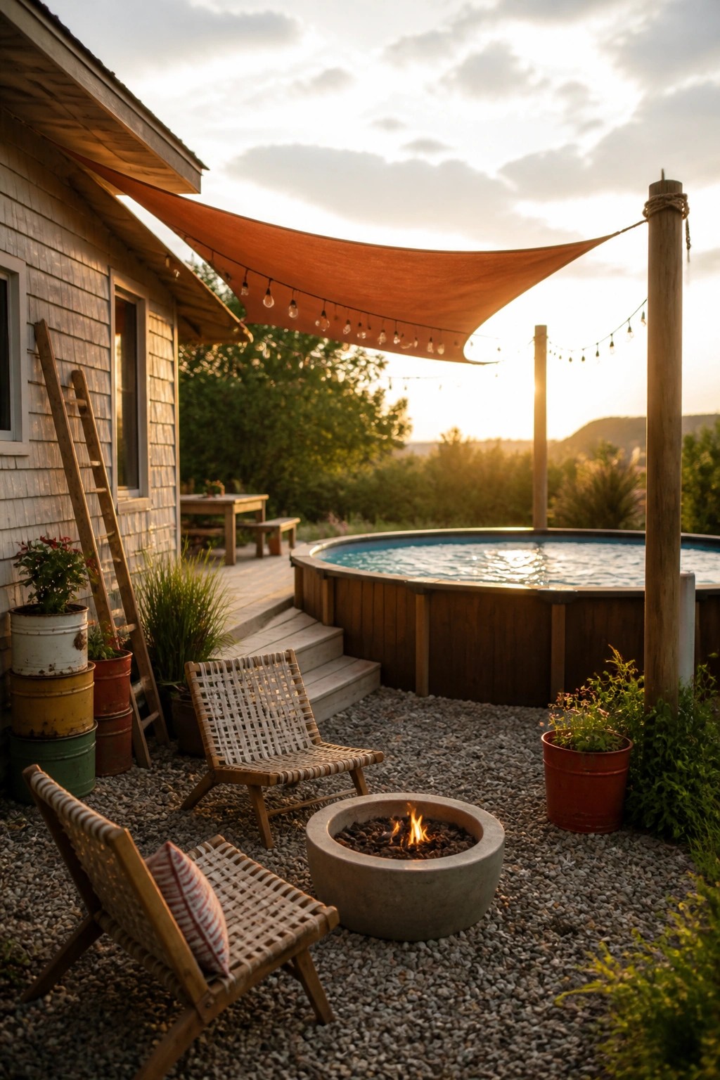 24 Stylish Above Ground Pool Shade Ideas Without Permanent Construction Backyard patio with fire pit, above-ground pool, woven chairs, string lights, and orange sunshade at sunset.