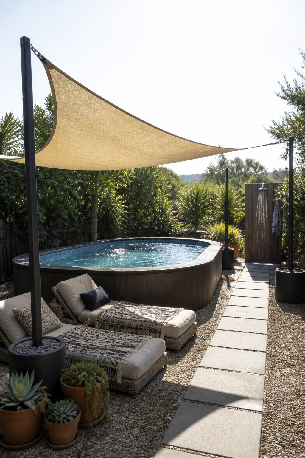 24 Stylish Above Ground Pool Shade Ideas Without Permanent Construction Backyard plunge pool with lounge chairs, shade sail, and outdoor shower