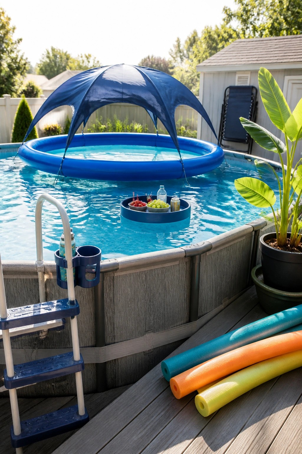 24 Stylish Above Ground Pool Shade Ideas Without Permanent Construction An above-ground pool with a large blue fabric canopy suspended over the water and a floating tray holding snacks and drinks.