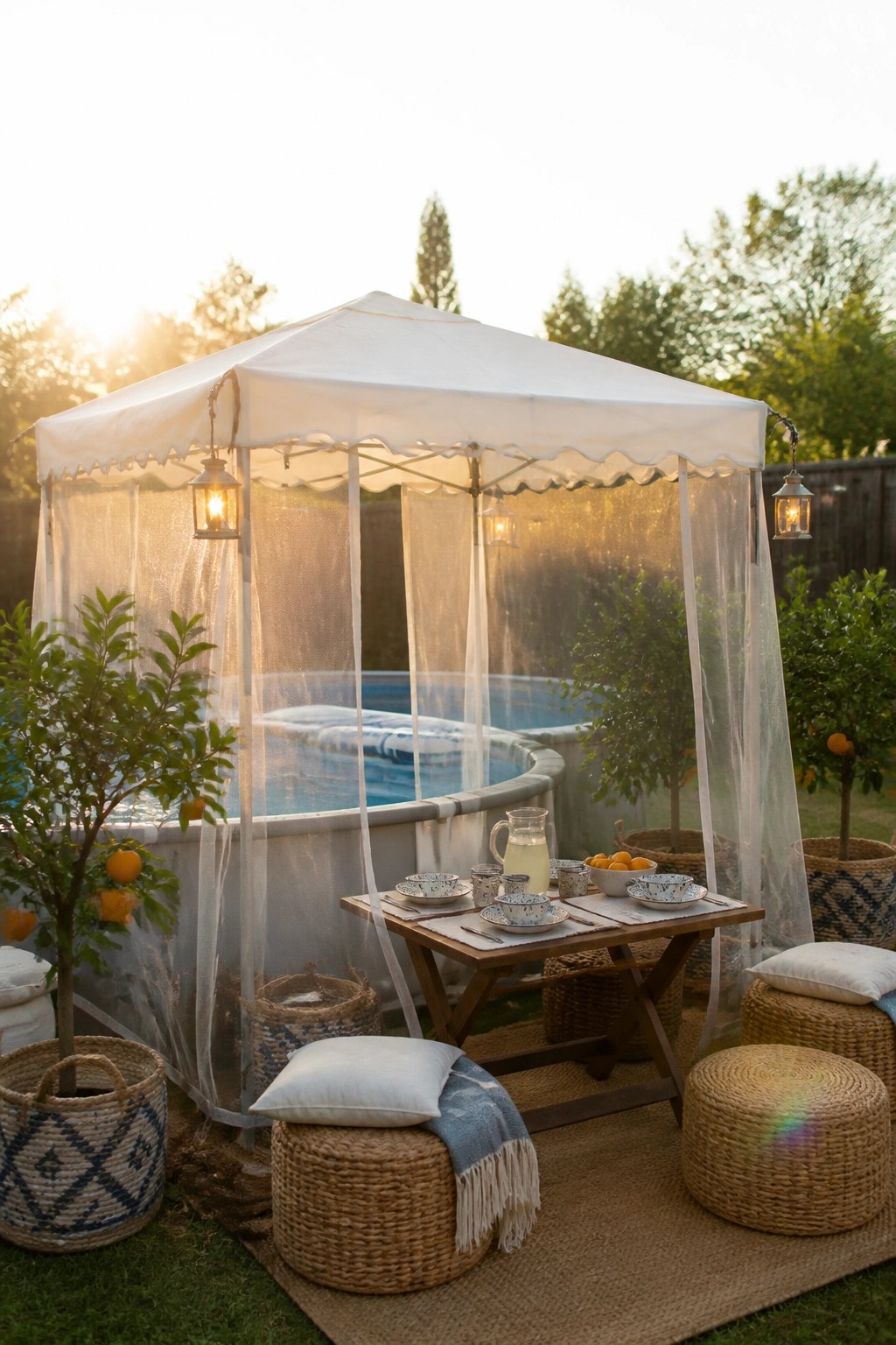 24 Stylish Above Ground Pool Shade Ideas Without Permanent Construction A white canopy tent with sheer side panels shades an above-ground pool, with a wooden table, woven stools, and potted trees arranged on a rug in front.