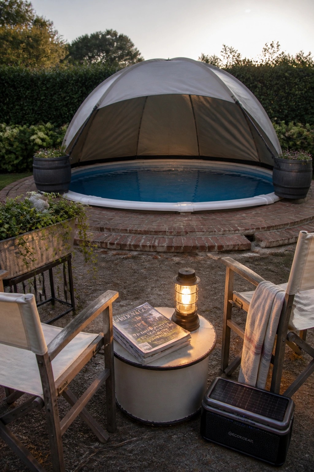 24 Stylish Above Ground Pool Shade Ideas Without Permanent Construction An above-ground pool covered by a large gray dome canopy on a brick patio, with two canvas chairs, a lantern, and a speaker in the foreground.