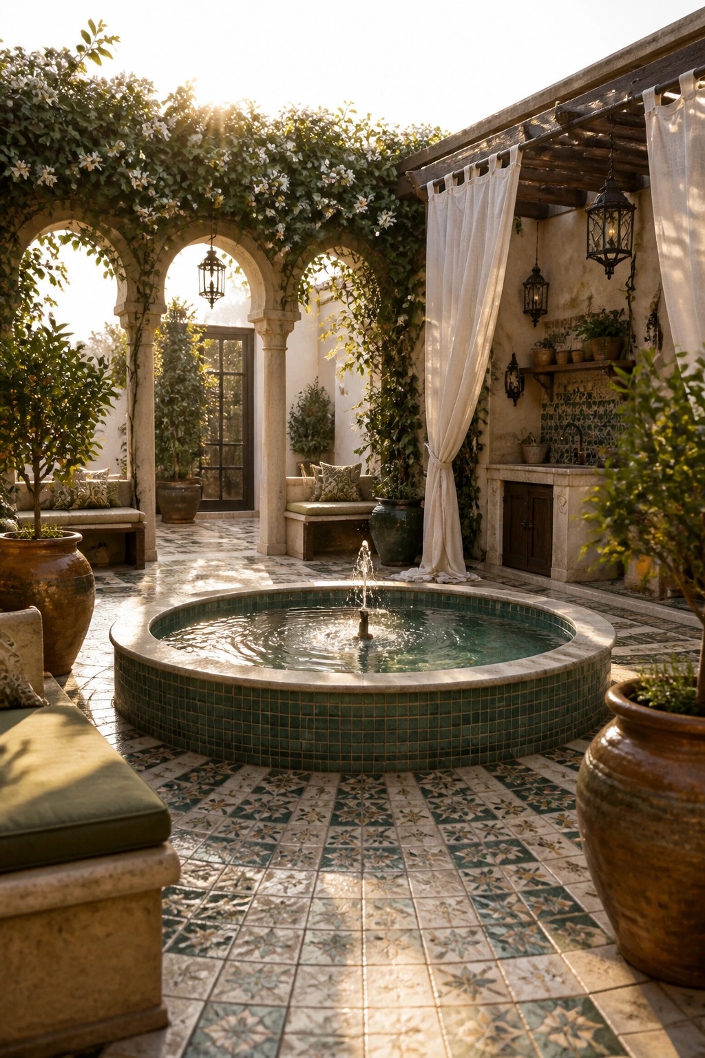 25 Beautiful Pool Patio Decorating Ideas Full of Texture, Lighting, and Color A courtyard patio with a round tiled fountain at the center, surrounded by arched walkways with vines, outdoor seating, and an outdoor kitchen area.