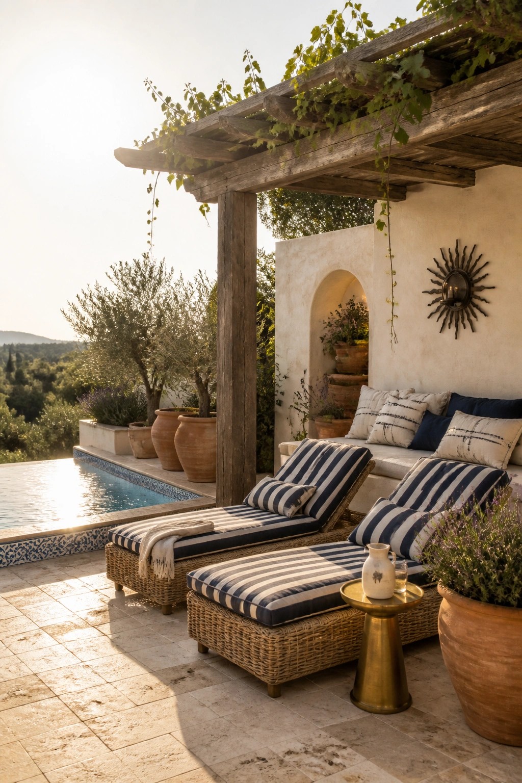 25 Beautiful Pool Patio Decorating Ideas Full of Texture, Lighting, and Color Wooden pergola with vines shades two striped lounge chairs on a stone patio beside a pool, with terracotta pots and a small side table.