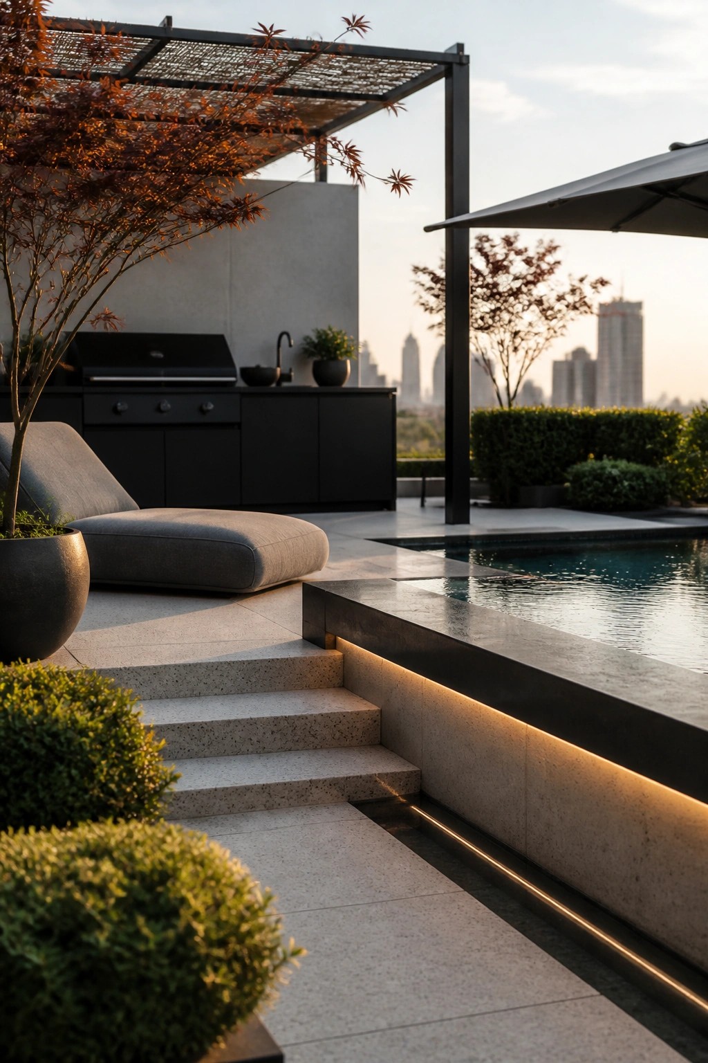 25 Beautiful Pool Patio Decorating Ideas Full of Texture, Lighting, and Color Modern rooftop pool patio featuring concrete steps with integrated warm LED strip lighting, a gray lounge chair, black outdoor kitchen, and distant city skyline at dusk.